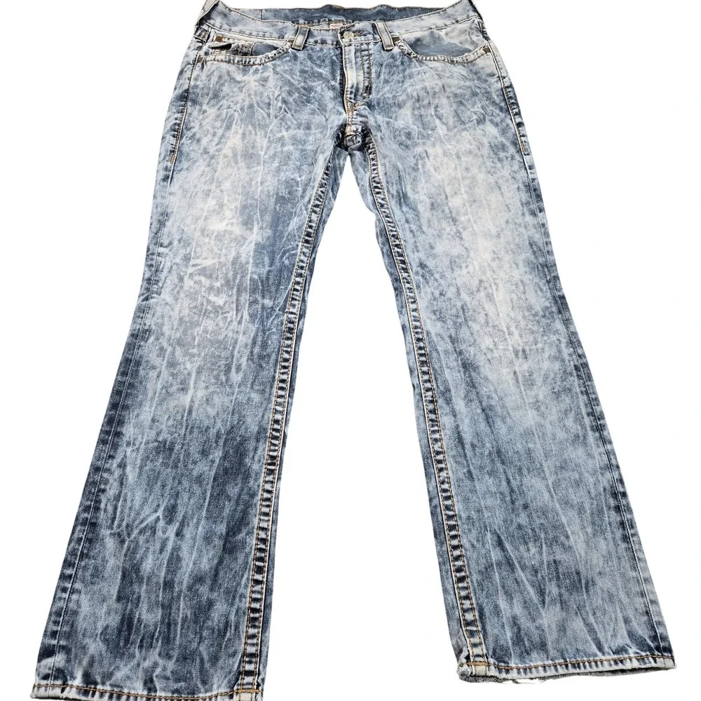 True Religion Jeans Mens 38x33 (tag 40) Blue Acid Wash Straight Denim Distressed